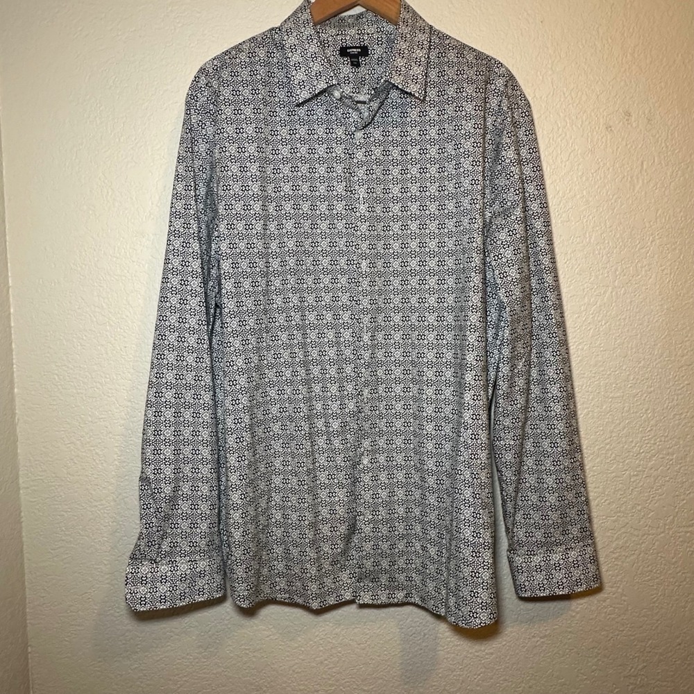Express Mens Slim XXL Button Down Long Sleeve Geometric Floral Black Office Work